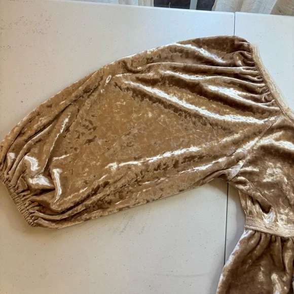 Entro Champagne Crushed Velvet Ruffle Twist Babydoll Top Size M Pleated Peplum - Picture 10 of 11